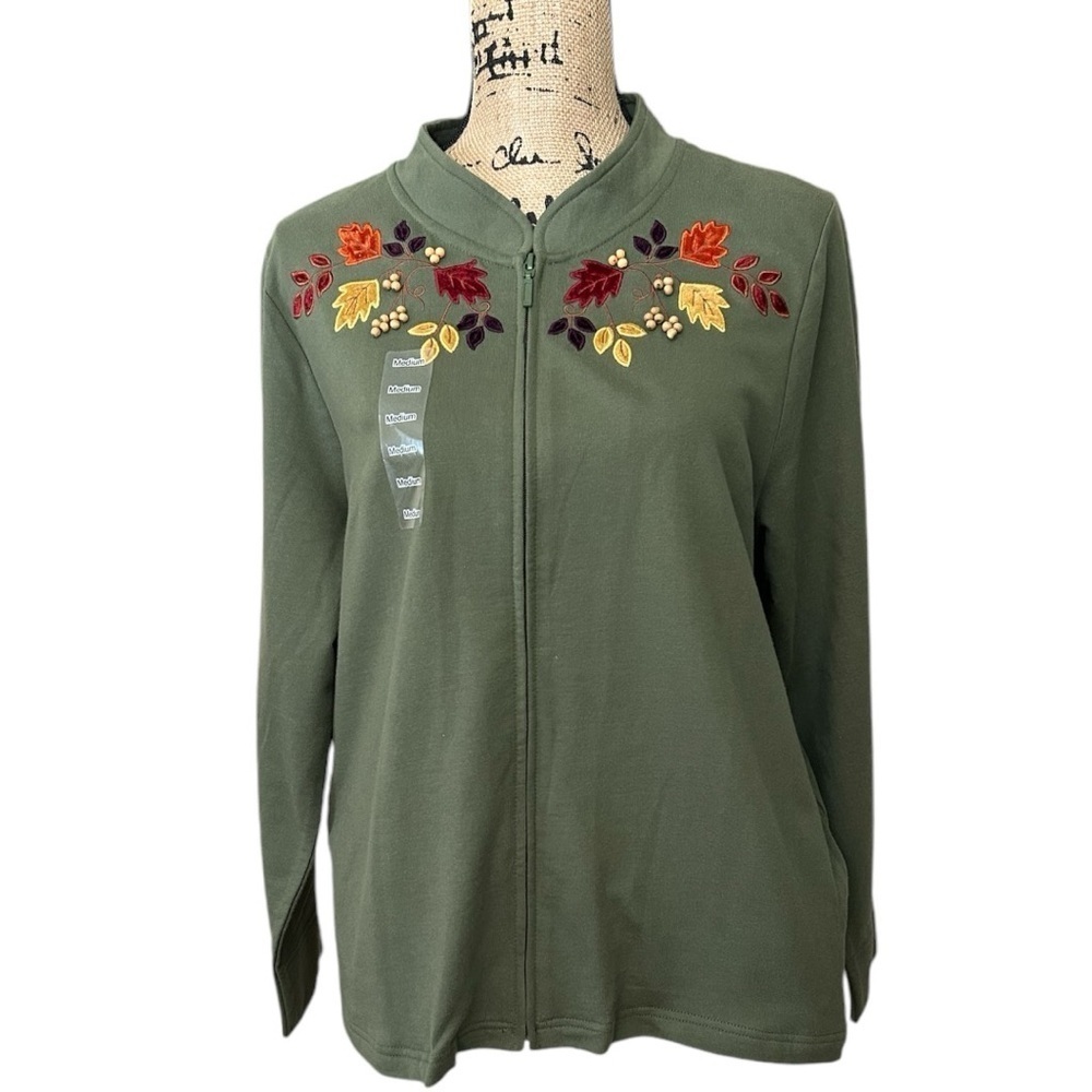 NWT Mandal Bay Olive Green Embroidered Fall Leaves Full Zip Jacket Women’s M - Picture 3 of 6